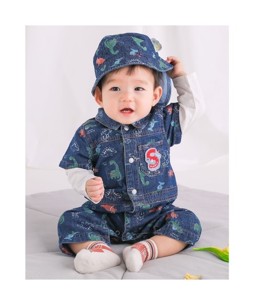 SLAP SLIP BABY（スラップスリップベビー）の「SLAPSLIPBABY/無地恐竜総柄日よけ付ハットベビー(46~48cm)（ハット・キッズ・ブルー系その他/ホワイト系その他・46/48）」の5枚目の写真