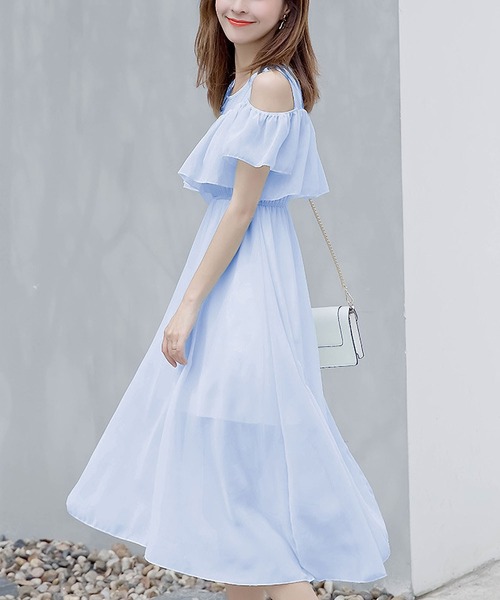 BLANC FICELLE（ブランフィセル）の「上品シフォンフリルティアードロングワンピース - 肩開きシアードッキングドレス（ワンピース・レディース・ピンク系その他/アイボリー/ブラック/ベージュ/グレー/レッド/サックスブルー/ピンク/ブルー/ホワイト・FREE）」の6枚目の写真