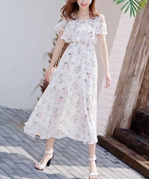 BLANC FICELLE（ブランフィセル）の「上品シフォンフリルティアードロングワンピース - 肩開きシアードッキングドレス（ワンピース・レディース・ピンク系その他/アイボリー/ブラック/ベージュ/グレー/レッド/サックスブルー/ピンク/ブルー/ホワイト・FREE）」の20枚目の写真