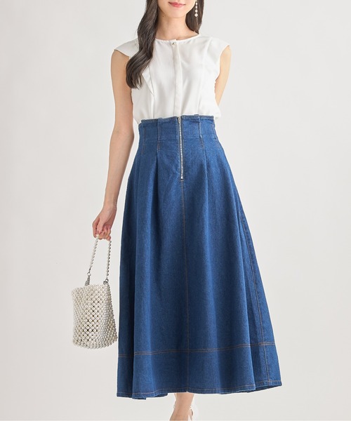 tocco closet（トッコ　クローゼット）の「【ZOZO限定カラーあり】フロントファスナーステッチ入りコットンタックフレアスカート（スカート・レディース・ブラック/インディゴブルー/オフホワイト・M）」の14枚目の写真