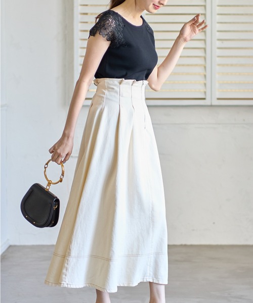 tocco closet（トッコ　クローゼット）の「【ZOZO限定カラーあり】フロントファスナーステッチ入りコットンタックフレアスカート（スカート・レディース・ブラック/インディゴブルー/オフホワイト・M）」の6枚目の写真