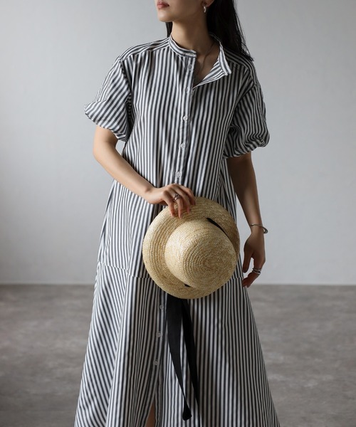 バルーンスリーブストライプシャツワンピース