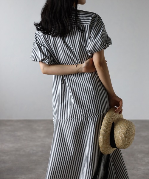 バルーンスリーブストライプシャツワンピース