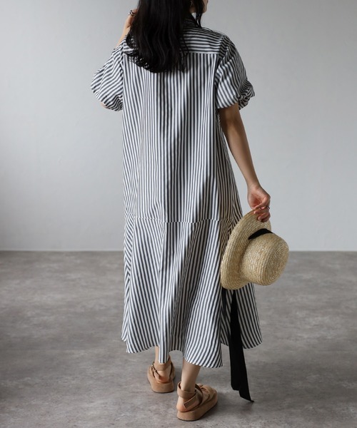 バルーンスリーブストライプシャツワンピース