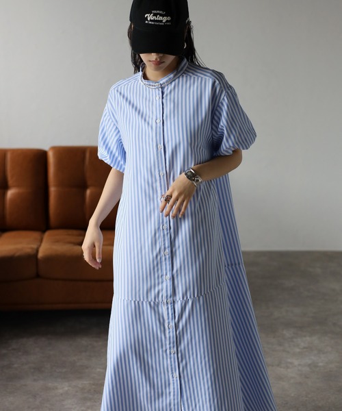 バルーンスリーブストライプシャツワンピース