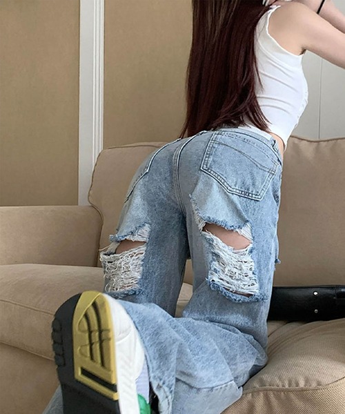 GLAMOROUS JANE（グラマラスジェーン）の「バッグダメージデニムストレートパンツ（デニムパンツ・レディース・ブルー/ブラック・S/M/L/SS）」の4枚目の写真