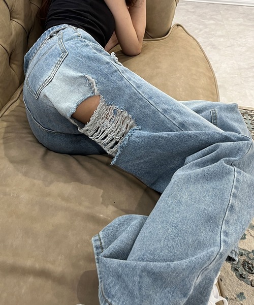 GLAMOROUS JANE（グラマラスジェーン）の「バッグダメージデニムストレートパンツ（デニムパンツ・レディース・ブルー/ブラック・S/M/L/SS）」の19枚目の写真