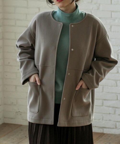coen（コーエン）の「ライトエアーメルトンミドルノーカラーコート（ノーカラーコート・レディース・ライトグレー/ベージュ/ダークグレー・M/L）」の3枚目の写真