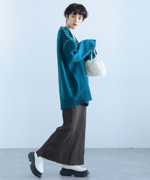 PAGEBOY（ページボーイ）の「バイカラーリブナロースカート（スカート・レディース・ブラック/ターコイズブルー/モカ・FREE）」の4枚目の写真