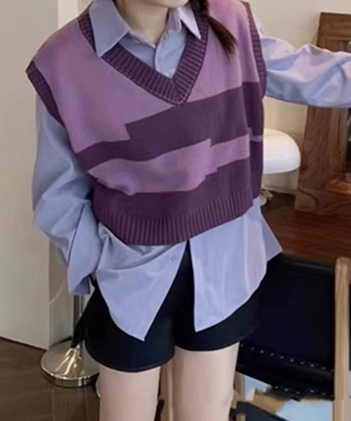 ROOPTOKYO（ループトウキョウ）の「▲Knit Vest ＆Standard Shirt Set / ニットベスト＆シャツ セット 2点セット（ベスト・レディース・パープル/グレー/ピンク/グリーン・FREE）」の3枚目の写真