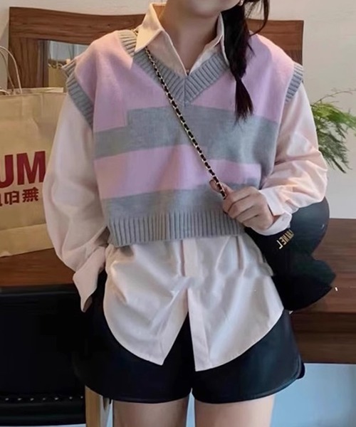 ROOPTOKYO（ループトウキョウ）の「▲Knit Vest ＆Standard Shirt Set / ニットベスト＆シャツ セット 2点セット（ベスト・レディース・パープル/グレー/ピンク/グリーン・FREE）」の4枚目の写真