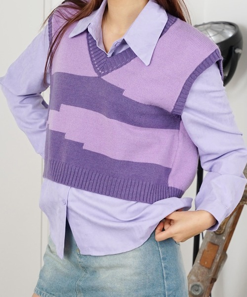 ROOPTOKYO（ループトウキョウ）の「▲Knit Vest ＆Standard Shirt Set / ニットベスト＆シャツ セット 2点セット（ベスト・レディース・パープル/グレー/ピンク/グリーン・FREE）」の20枚目の写真