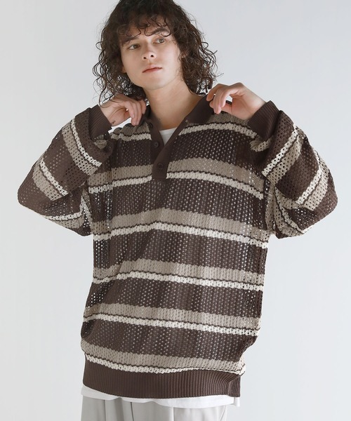 ASTRONOMY(アストロノミー)の「Buyer's Select/メッシュ配色ボーダーニット長袖ポロシャツ(ポロシャツ・メンズ・ライトグレー/ブラウン/ブラック・L/M)」の2枚目の写真