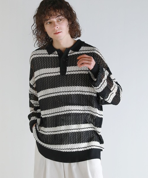 ASTRONOMY(アストロノミー)の「Buyer's Select/メッシュ配色ボーダーニット長袖ポロシャツ(ポロシャツ・メンズ・ライトグレー/ブラウン/ブラック・L/M)」の3枚目の写真