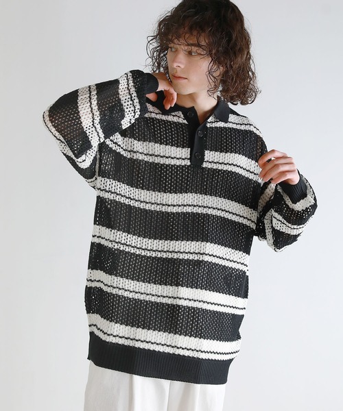 ASTRONOMY(アストロノミー)の「Buyer's Select/メッシュ配色ボーダーニット長袖ポロシャツ(ポロシャツ・メンズ・ライトグレー/ブラウン/ブラック・L/M)」の4枚目の写真