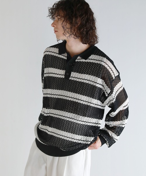 ASTRONOMY(アストロノミー)の「Buyer's Select/メッシュ配色ボーダーニット長袖ポロシャツ(ポロシャツ・メンズ・ライトグレー/ブラウン/ブラック・L/M)」の5枚目の写真