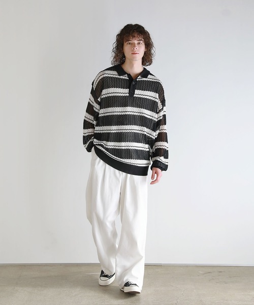 ASTRONOMY(アストロノミー)の「Buyer's Select/メッシュ配色ボーダーニット長袖ポロシャツ(ポロシャツ・メンズ・ライトグレー/ブラウン/ブラック・L/M)」の9枚目の写真