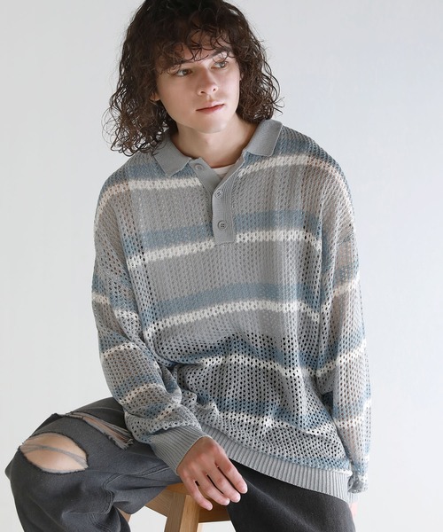 ASTRONOMY(アストロノミー)の「Buyer's Select/メッシュ配色ボーダーニット長袖ポロシャツ(ポロシャツ・メンズ・ライトグレー/ブラウン/ブラック・L/M)」の10枚目の写真