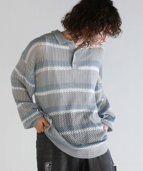 ASTRONOMY(アストロノミー)の「Buyer's Select/メッシュ配色ボーダーニット長袖ポロシャツ(ポロシャツ・メンズ・ライトグレー/ブラウン/ブラック・L/M)」の11枚目の写真