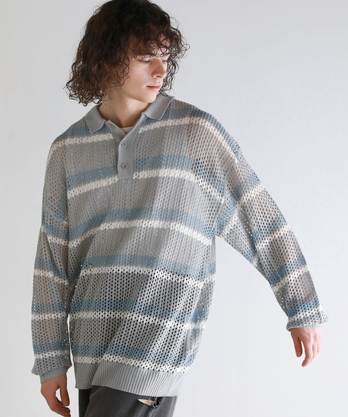 ASTRONOMY(アストロノミー)の「Buyer's Select/メッシュ配色ボーダーニット長袖ポロシャツ(ポロシャツ・メンズ・ライトグレー/ブラウン/ブラック・L/M)」の12枚目の写真