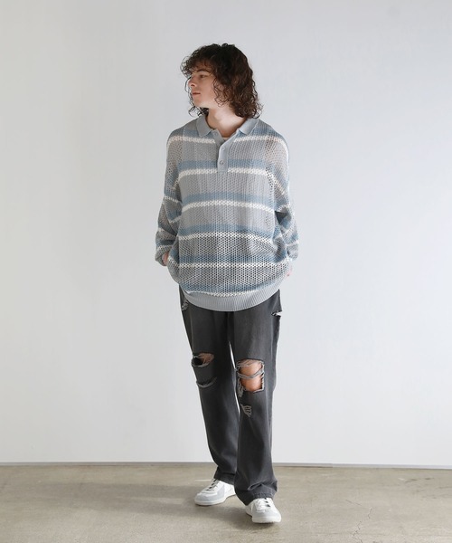 ASTRONOMY(アストロノミー)の「Buyer's Select/メッシュ配色ボーダーニット長袖ポロシャツ(ポロシャツ・メンズ・ライトグレー/ブラウン/ブラック・L/M)」の15枚目の写真