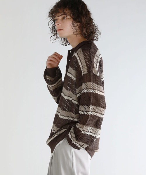 ASTRONOMY(アストロノミー)の「Buyer's Select/メッシュ配色ボーダーニット長袖ポロシャツ(ポロシャツ・メンズ・ライトグレー/ブラウン/ブラック・L/M)」の16枚目の写真