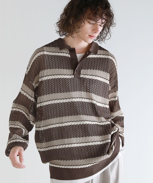 ASTRONOMY(アストロノミー)の「Buyer's Select/メッシュ配色ボーダーニット長袖ポロシャツ(ポロシャツ・メンズ・ライトグレー/ブラウン/ブラック・L/M)」の17枚目の写真