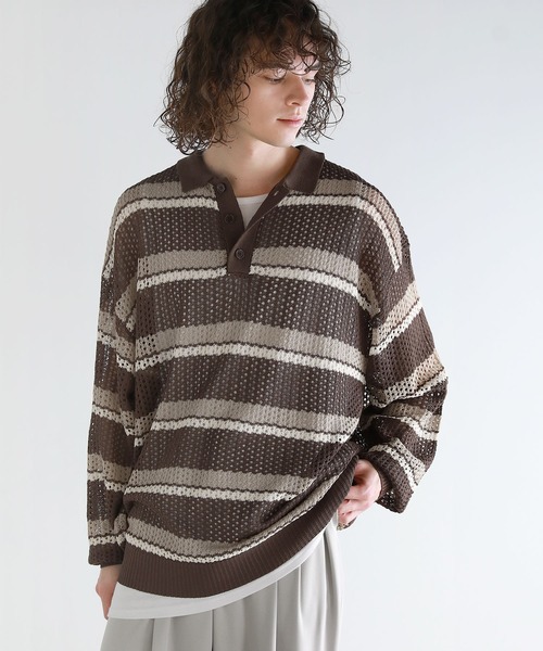ASTRONOMY(アストロノミー)の「Buyer's Select/メッシュ配色ボーダーニット長袖ポロシャツ(ポロシャツ・メンズ・ライトグレー/ブラウン/ブラック・L/M)」の18枚目の写真