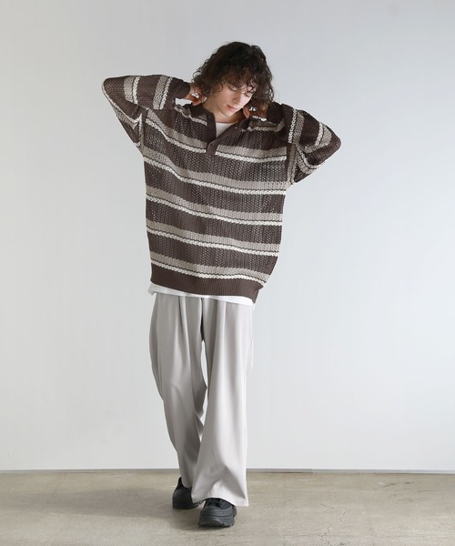 ASTRONOMY(アストロノミー)の「Buyer's Select/メッシュ配色ボーダーニット長袖ポロシャツ(ポロシャツ・メンズ・ライトグレー/ブラウン/ブラック・L/M)」の19枚目の写真