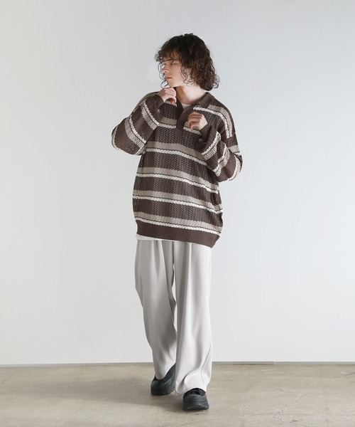 ASTRONOMY(アストロノミー)の「Buyer's Select/メッシュ配色ボーダーニット長袖ポロシャツ(ポロシャツ・メンズ・ライトグレー/ブラウン/ブラック・L/M)」の20枚目の写真