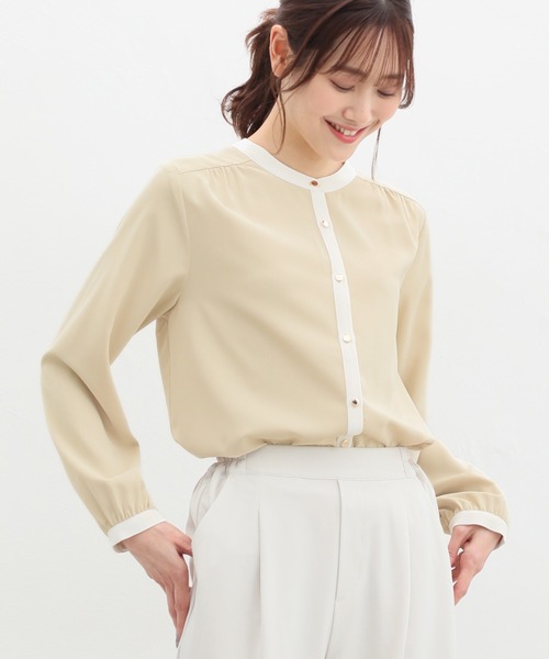 Honeys（ハニーズ）の「配色バンドカラーブラウス（シャツ/ブラウス・レディース・グレイッシュベージュ/ミント/イエロー/ネイビー/ホワイト・LL/3L/S/M/L）」の5枚目の写真