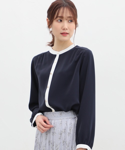 Honeys（ハニーズ）の「配色バンドカラーブラウス（シャツ/ブラウス・レディース・グレイッシュベージュ/ミント/イエロー/ネイビー/ホワイト・LL/3L/S/M/L）」の10枚目の写真