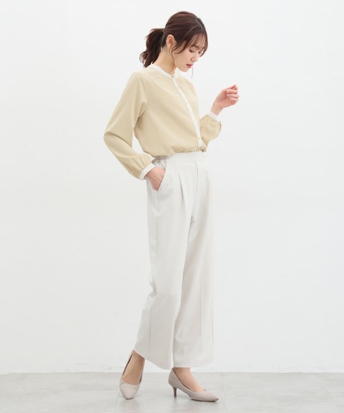 Honeys（ハニーズ）の「配色バンドカラーブラウス（シャツ/ブラウス・レディース・グレイッシュベージュ/ミント/イエロー/ネイビー/ホワイト・LL/3L/S/M/L）」の8枚目の写真