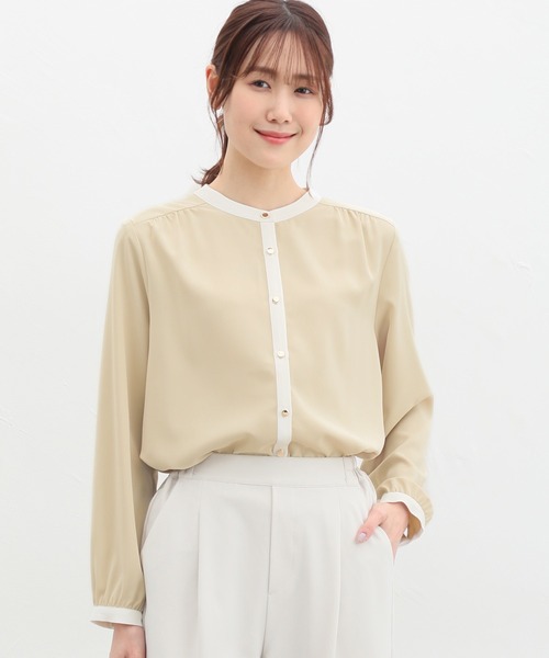 Honeys（ハニーズ）の「配色バンドカラーブラウス（シャツ/ブラウス・レディース・グレイッシュベージュ/ミント/イエロー/ネイビー/ホワイト・LL/3L/S/M/L）」の12枚目の写真