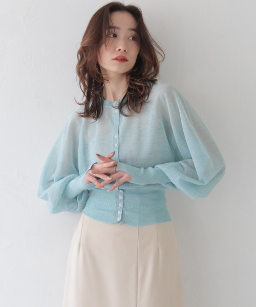 CLEIO（クレイオ）の「【CLEIO】ラメシアーニットパフスリーブカーディガン/SHEER KNIT PUFF SLEEVE CARDIGAN/986-11634（カーディガン/ボレロ・レディース・サックスブルー/ベージュ/ラベンダー・FREE）」の2枚目の写真