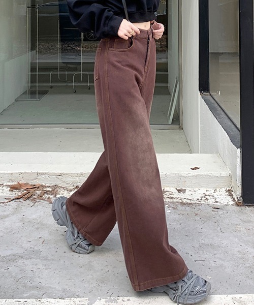 HTH ワイドレッグ デニムパンツ ブラウン HTH ワイドレッグ デニム