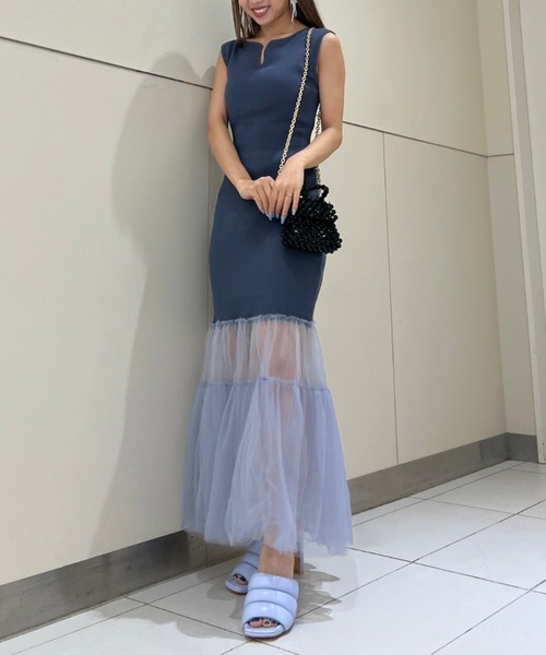 ドット柄　チュール　ニットワンピース　ライトベージュ　rienda Sサイズ rienda（リエンダ）の「Tulle Dot OP/チュールドットワンピース