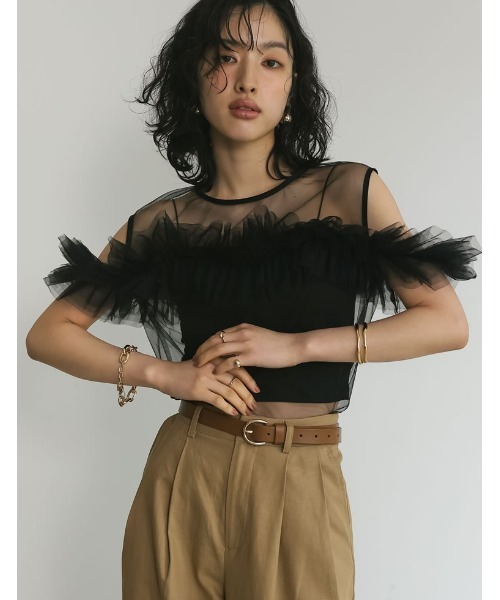 Re:EDIT（リエディ）の「[2024 SUMMER COLLECTION]マルチウェイオフショルチュールトップス（タンクトップ・レディース・グレー/ブラック・MEDIUM/LARGE）」の7枚目の写真