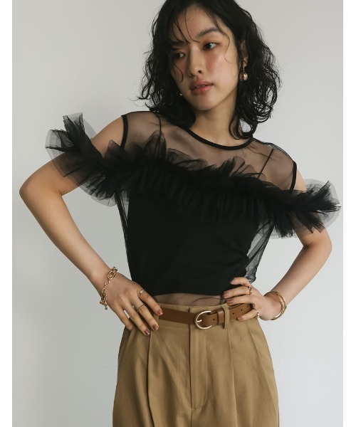 Re:EDIT（リエディ）の「[2024 SUMMER COLLECTION]マルチウェイオフショルチュールトップス（タンクトップ・レディース・グレー/ブラック・MEDIUM/LARGE）」の8枚目の写真