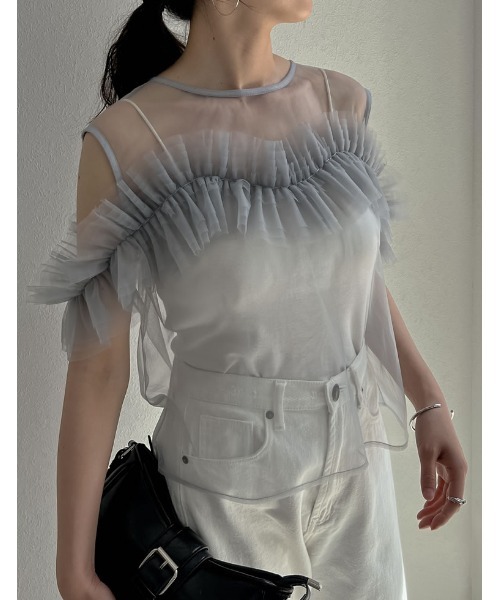 Re:EDIT（リエディ）の「[2024 SUMMER COLLECTION]マルチウェイオフショルチュールトップス（タンクトップ・レディース・グレー/ブラック・MEDIUM/LARGE）」の15枚目の写真