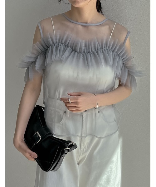 Re:EDIT（リエディ）の「[2024 SUMMER COLLECTION]マルチウェイオフショルチュールトップス（タンクトップ・レディース・グレー/ブラック・MEDIUM/LARGE）」の16枚目の写真