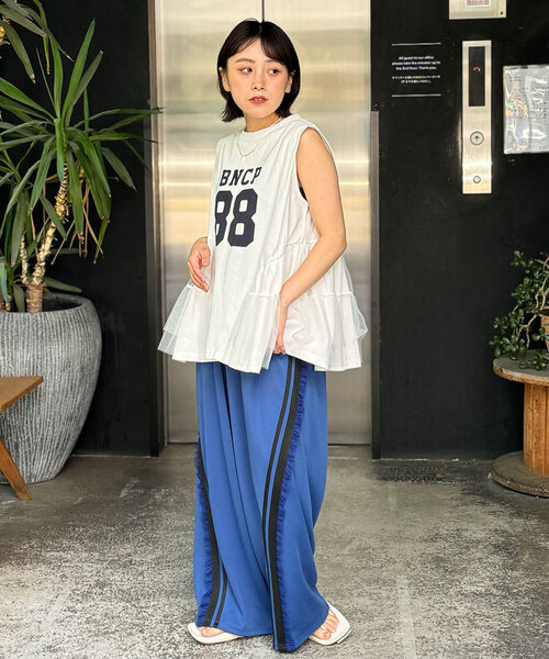 CIAOPANIC(チャオパニック)の「裾チュールドッキングロゴノースリーブトップス(Tシャツ/カットソー・レディース・ネイビー/オフホワイト/ピンク・ONE SIZE)」の21枚目の写真