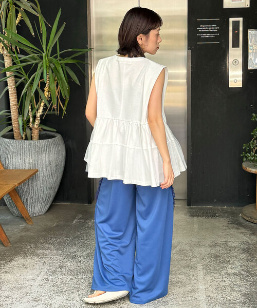 CIAOPANIC(チャオパニック)の「裾チュールドッキングロゴノースリーブトップス(Tシャツ/カットソー・レディース・ネイビー/オフホワイト/ピンク・ONE SIZE)」の20枚目の写真