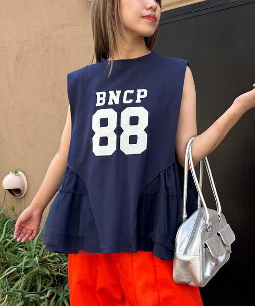 CIAOPANIC(チャオパニック)の「裾チュールドッキングロゴノースリーブトップス(Tシャツ/カットソー・レディース・ネイビー/オフホワイト/ピンク・ONE SIZE)」の17枚目の写真
