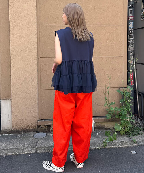 CIAOPANIC(チャオパニック)の「裾チュールドッキングロゴノースリーブトップス(Tシャツ/カットソー・レディース・ネイビー/オフホワイト/ピンク・ONE SIZE)」の13枚目の写真