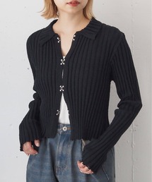 フック襟付きリブカーディガン