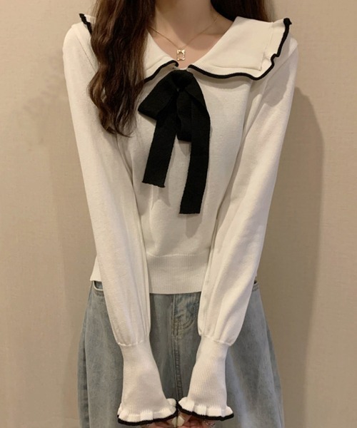Miniministore(ミニミニストア)の「ニットトップス レディース リボン付き(ニット/セーター・レディース・ブラック/ホワイト・FREE)」の2枚目の写真
