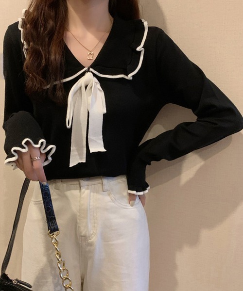 Miniministore(ミニミニストア)の「ニットトップス レディース リボン付き(ニット/セーター・レディース・ブラック/ホワイト・FREE)」の1枚目の写真