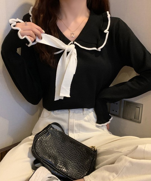 Miniministore(ミニミニストア)の「ニットトップス レディース リボン付き(ニット/セーター・レディース・ブラック/ホワイト・FREE)」の11枚目の写真