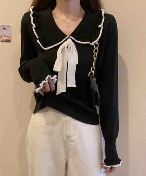 Miniministore(ミニミニストア)の「ニットトップス レディース リボン付き(ニット/セーター・レディース・ブラック/ホワイト・FREE)」の10枚目の写真